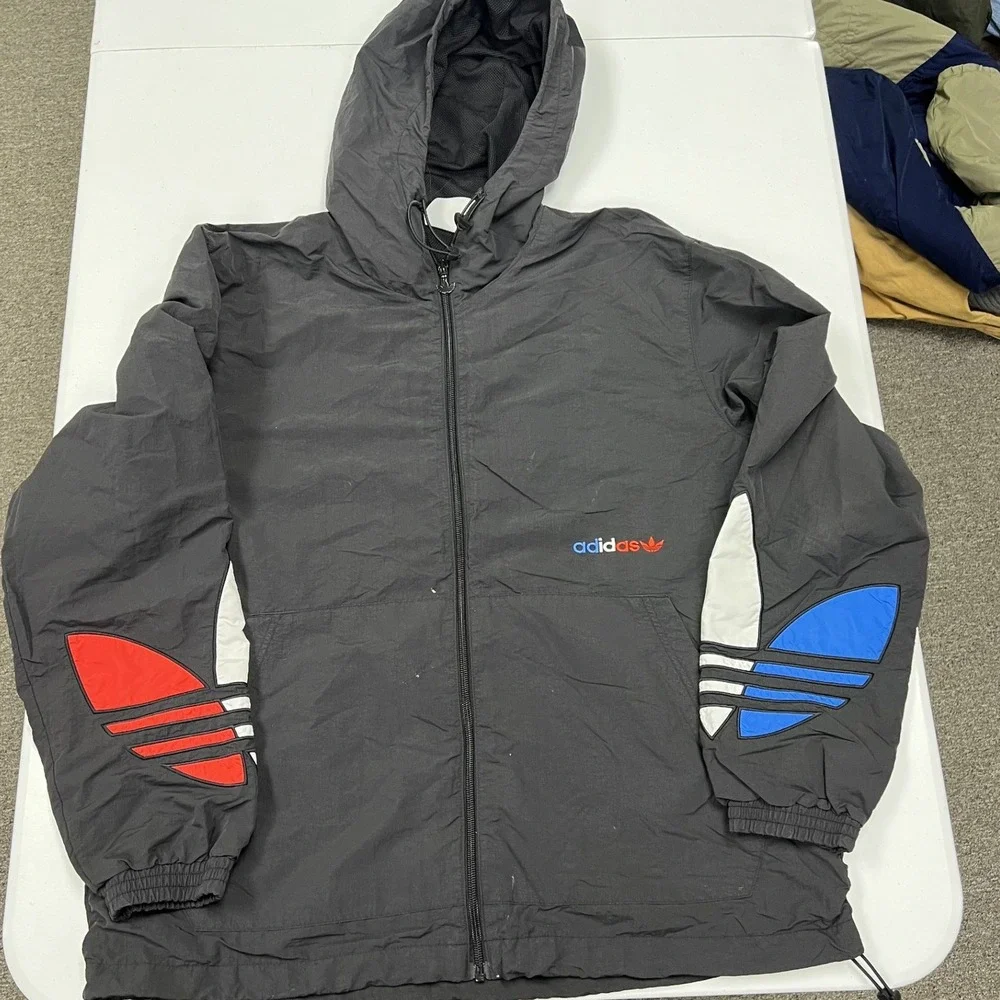 Adidas Windbreaker Jacket Mens M Grey Tricolor Trefoil Logo Full Zip Hooded
